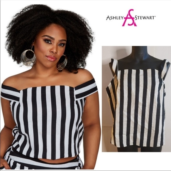 Ashley Stewart size 16 black & white striped off shoulder top - Picture 1 of 4
